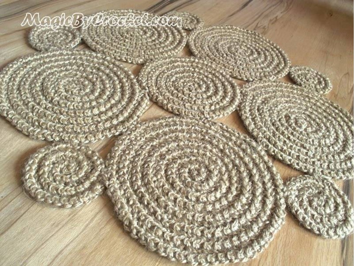 Flower Crochet Rug , Natural Jute Rug / Handmade Rug , Small Area Rug, no.003
