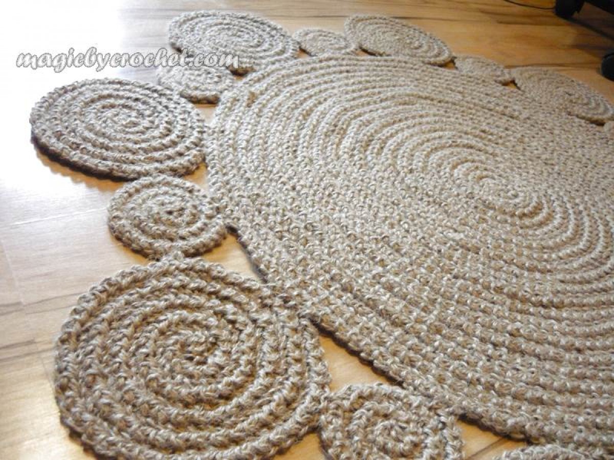 Crochet Bohemian Rug, Flower Rug, Natural Jute Rug, Handmade, 40 inches (100cm ), no.006