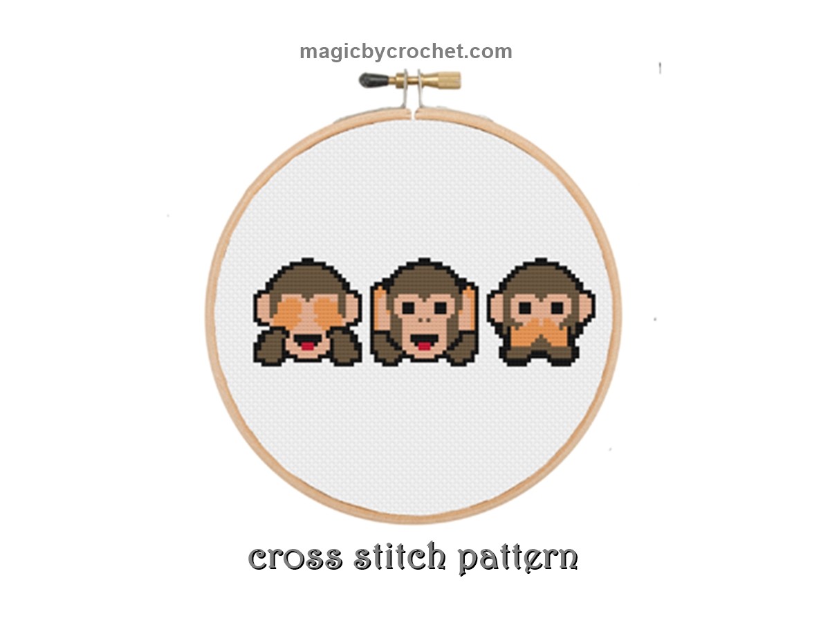 Three Wise Monkeys, Cross stitch pattern, Beginner, Feng shui, DIY, Home decor, no.504