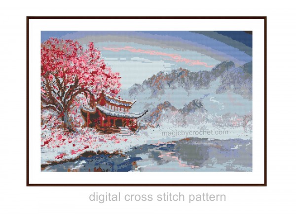 Japanese Landscape, Cross Stitch, Chart, Pattern, PDF instant download, No.507