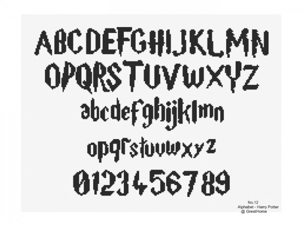 Alphabet & Numbers Cross Stitch Pattern, Upper , small letters and numbers, Harry Potter, , No.012