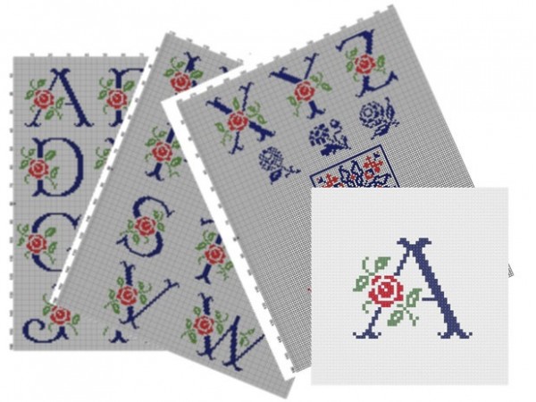 Antique Alphabet -Cross Stitch -Pattern-Upper letters-Rose Alphabet, No.014