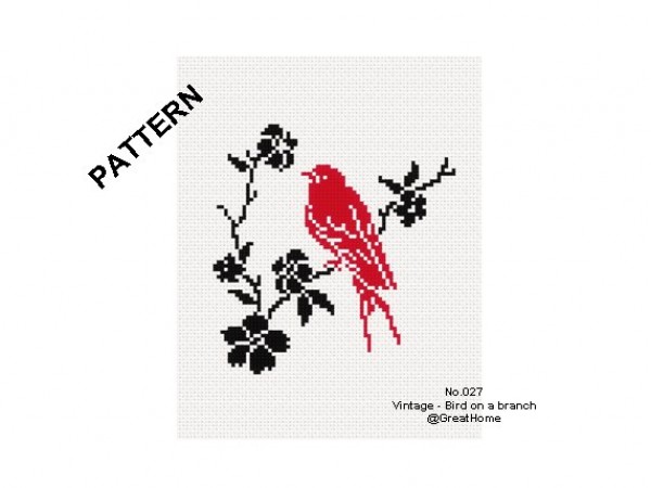 Bird on a branch, Stitch PDF Pattern, Instant Download, Retro cross stitch chart, No.027
